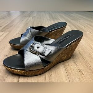 Brighton made in Italy silver side buckle slip on women’s wedge heels. Size 8.5